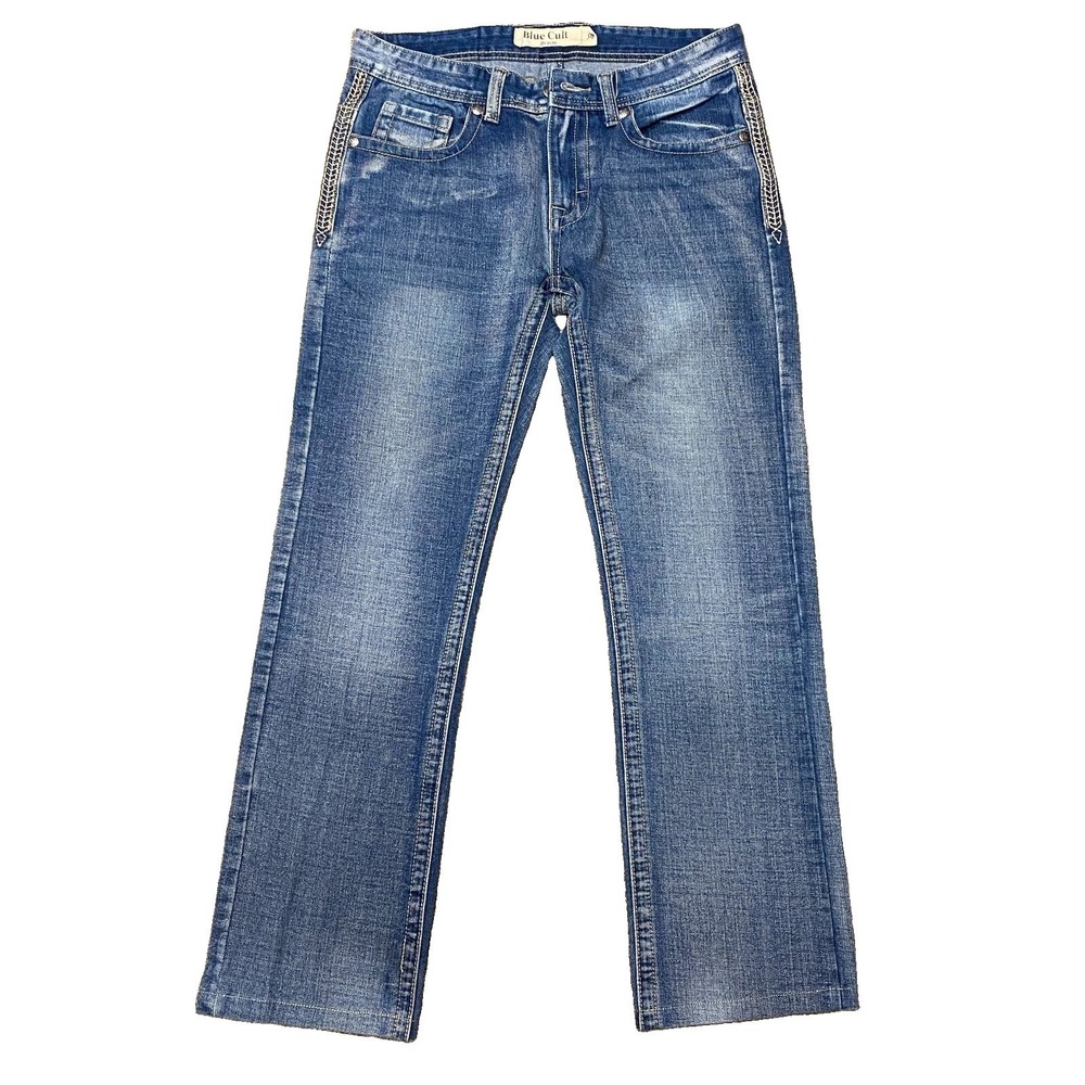 Blue Cult Jeans Womens 30 Blue Embroidered Stitch Straight-Leg Faded Mid-Rise